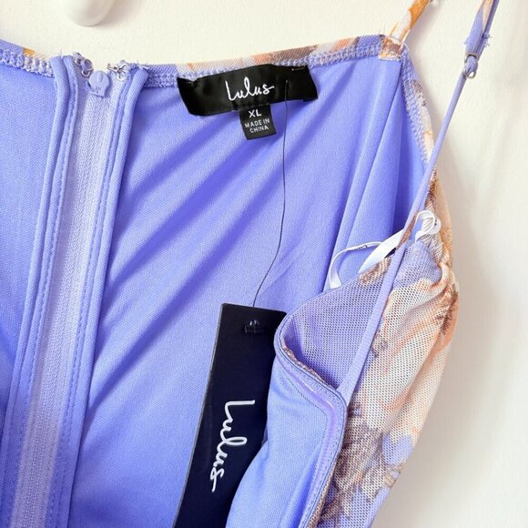 Lulus Stun and Only Lilac Floral Print Ruched Mesh Bodycon Midi Dress NWT XL - Picture 10 of 11